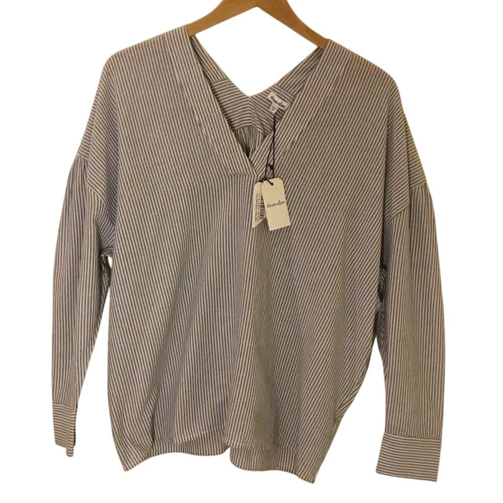 Steven Alan Gray/White Stripe Cotton Split neck Oversized Top NWT Sz M